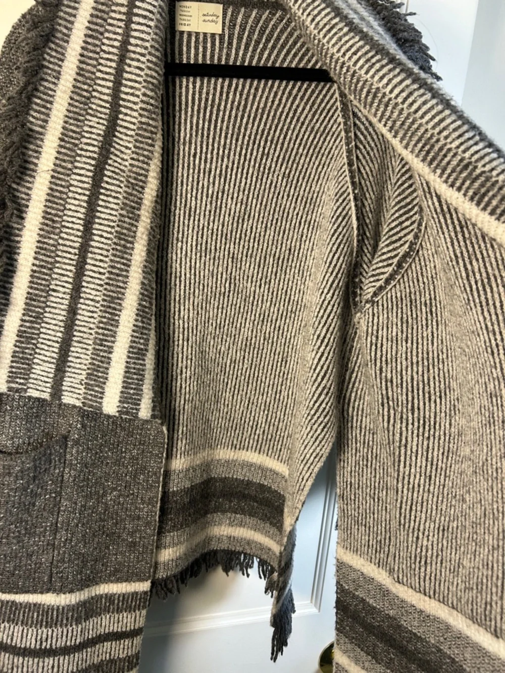 Anthro saturday sunday Kimono fringe cardigan Grey/cream Up TO XL Cozi boho